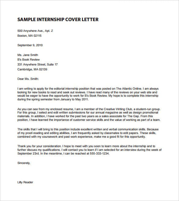 cover letter for internship samples free proffesional