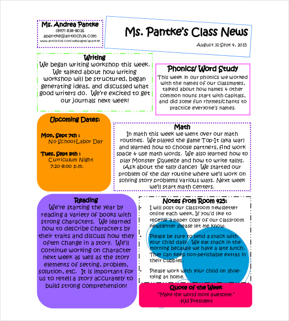 teacher newsletter examples to parents