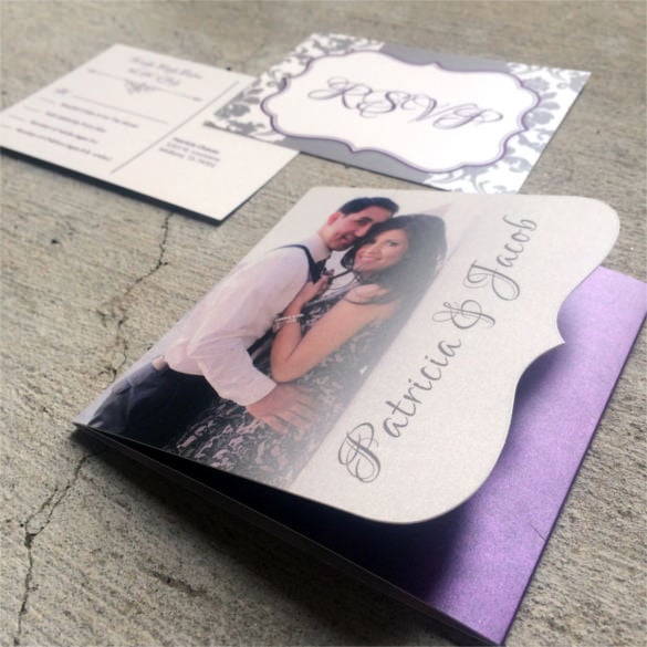 die cut tri fold wedding invitation in purple and silver