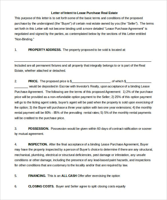 simple letter of intent to purchase real estate word doc