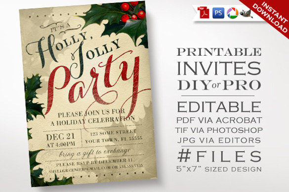 christmas invitation template vintage holly holiday party invitation