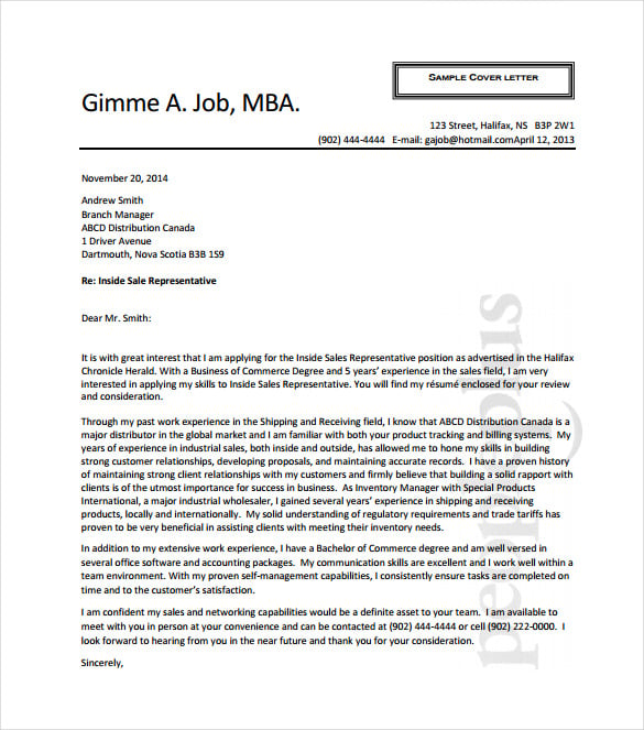 Cover letter for a sales representative job