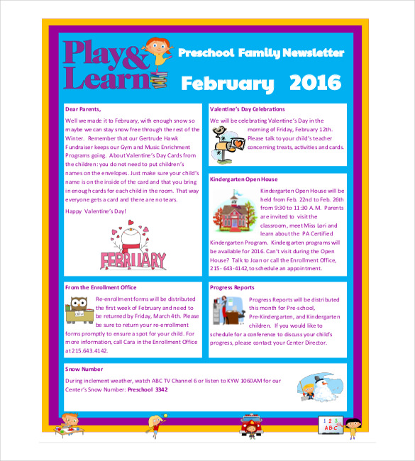 sample of newsletter for preschool parents