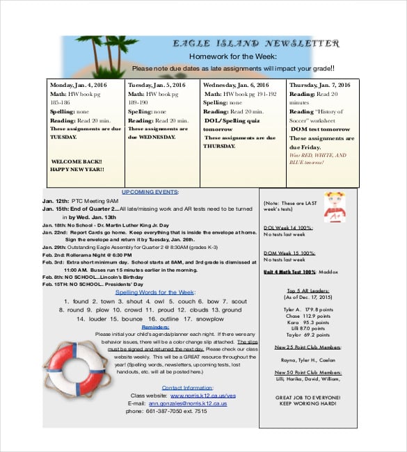 weekly newsletter template for teachers