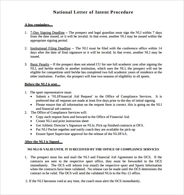 national letter of intent procedure template printable pdf