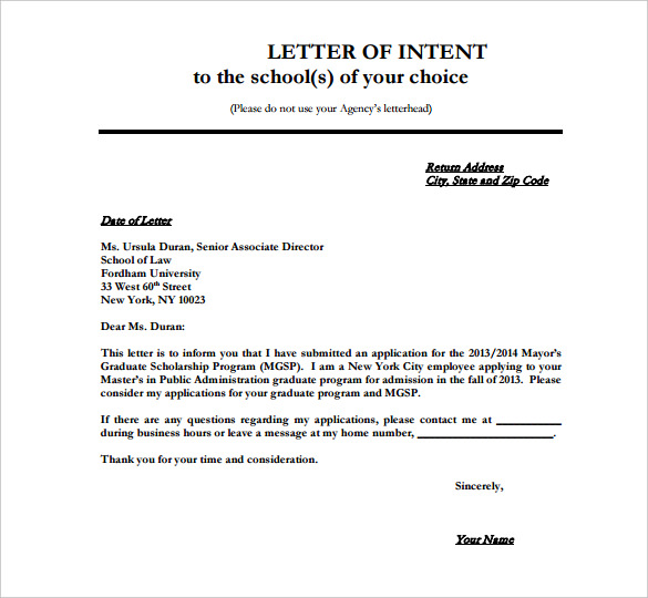 Free sample letter of intent for job application