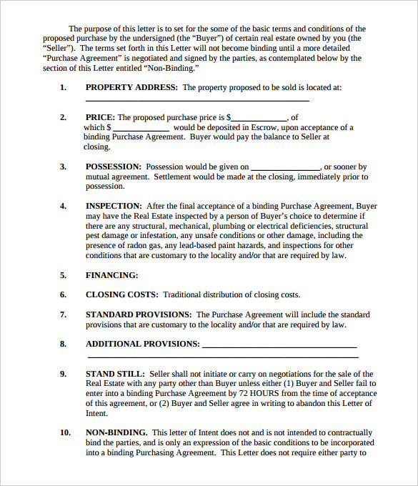 letter of intent to purchase land template pdf free printable