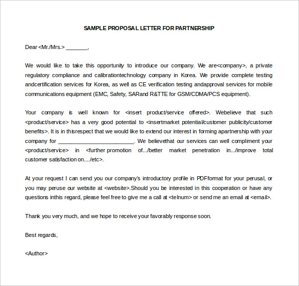 sample of business letter of intent in business partnership