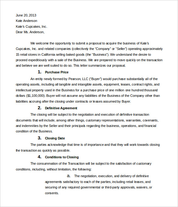 Free Sample Letter Of Intent To Purchase A Business