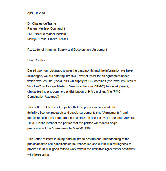 sample business letter of intent to supply word printable