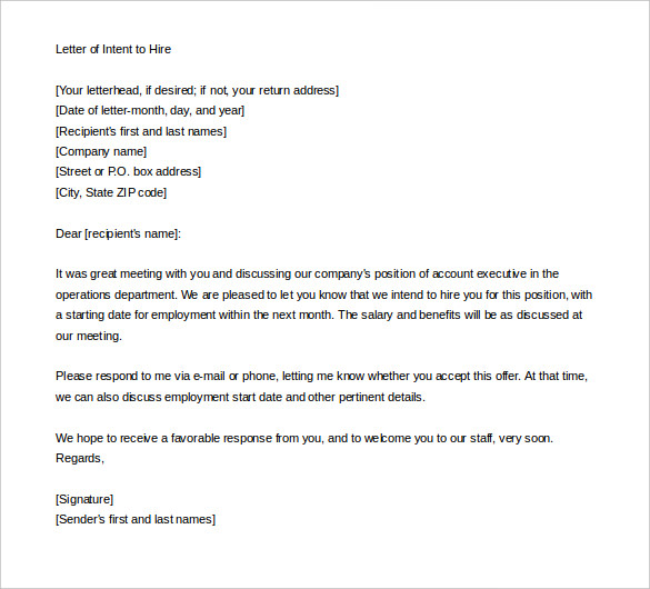 sample employment letter of intent to hire word doc download