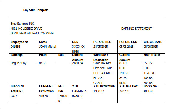 Microsoft Excel Paycheck Stub Template