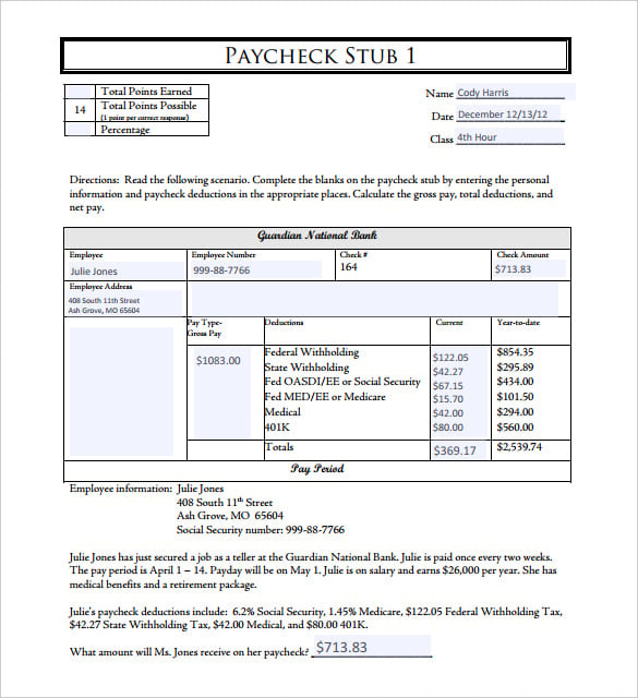 editable free pay check stub template pdf format