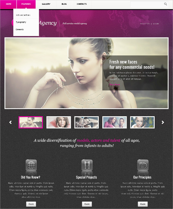 model event agency psd template