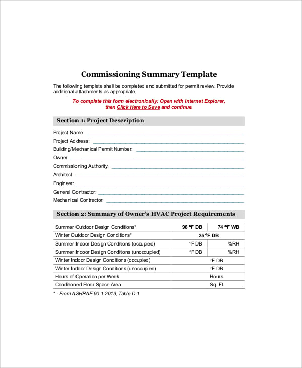 commissioning summary template