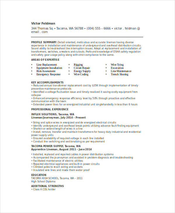 6+ Lineman Resume Templates PDF, DOC