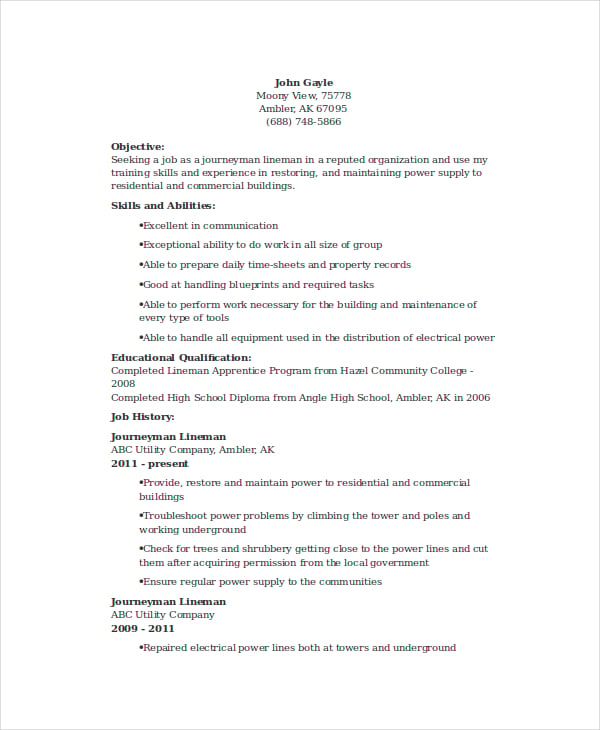 lineman resume journeyman template templates bestsampleresume pdf