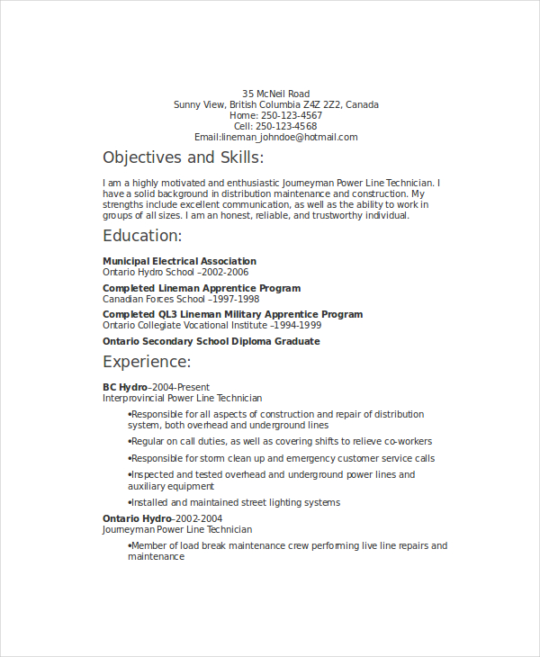 6+ Lineman Resume Templates PDF, DOC