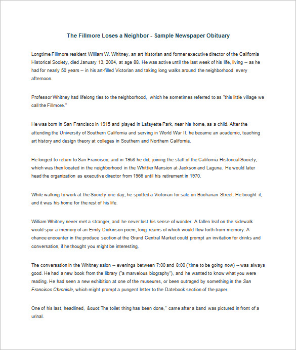 6+ Newspaper Obituary Templates PDF, Word