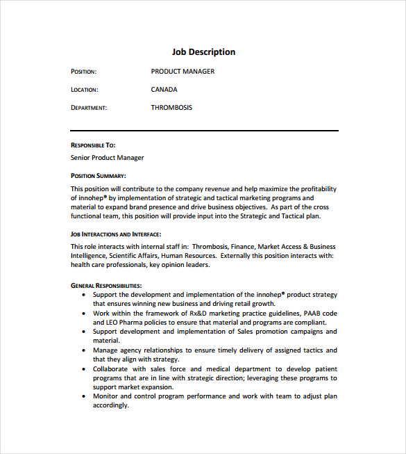 pharmaceutical product manager example job description free download