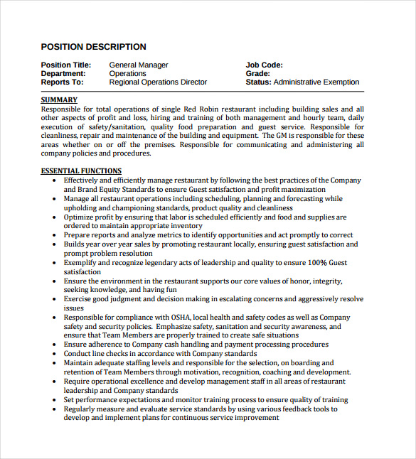 restaurant general manager job description pdf format free download