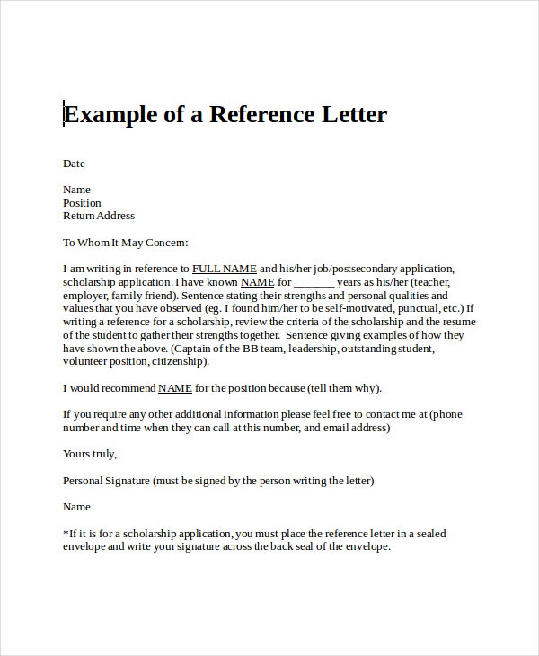 Personal Reference Letter Word