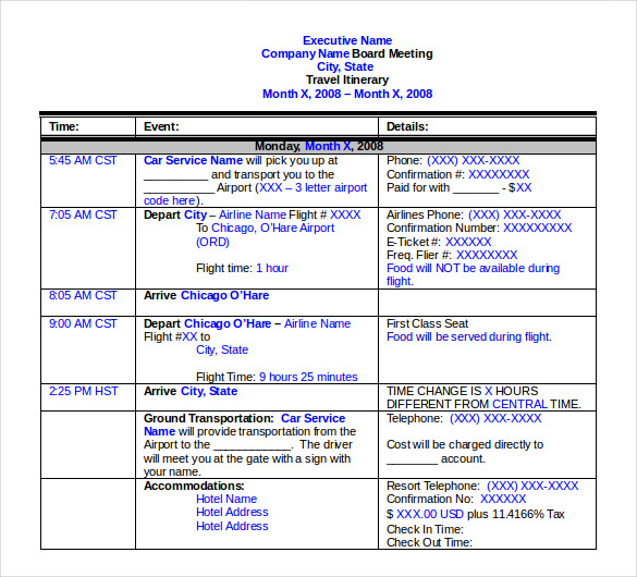 sample travel itinerary for executive