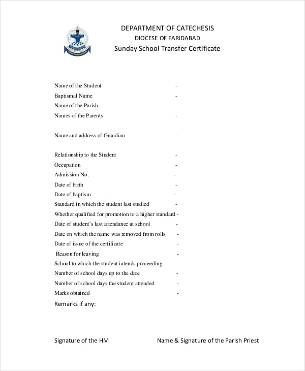 sunday school transfer certificate