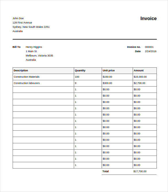 construction online editable invoice template