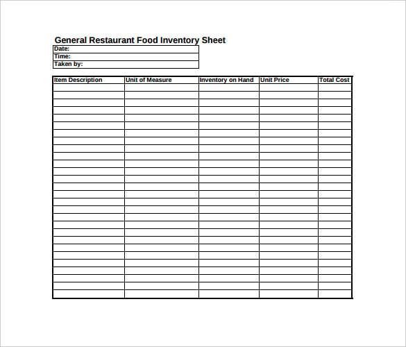 restaurant food inventory spreadsheet pdf template free download