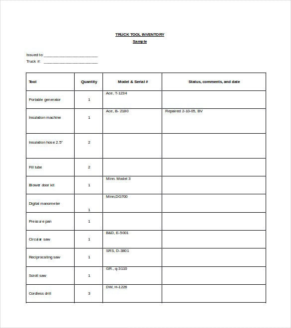 truck tool inventory spreadsheet word free download