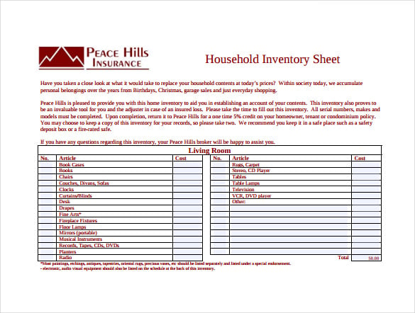 household inventory spreadsheet free pdf template download