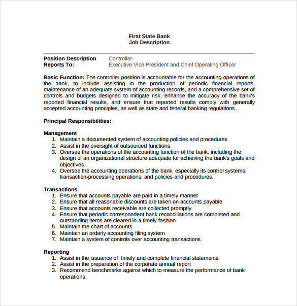 Bank Controller Job Description Sample Template Free Download