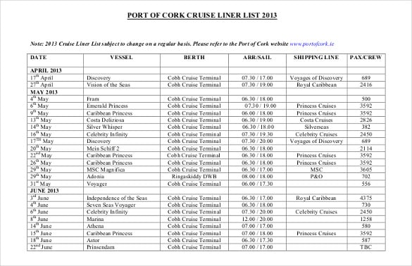 cruise line schedule