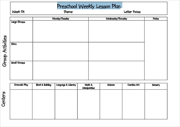 preschool weekly blank lesson plan 