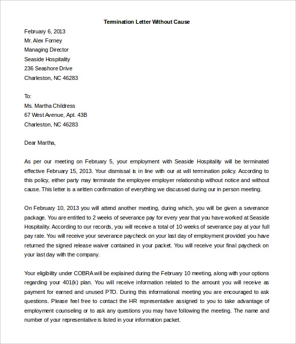 Sample Employee Termination Letter For Cause 