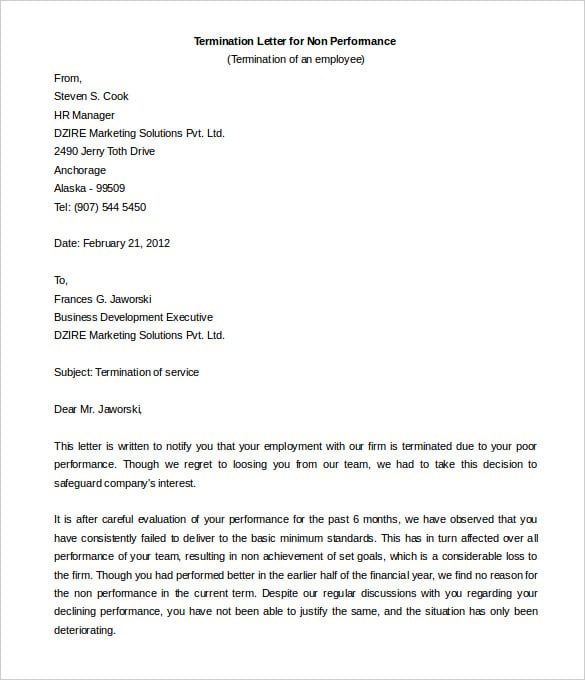 contract termination letter due to non performance word doc
