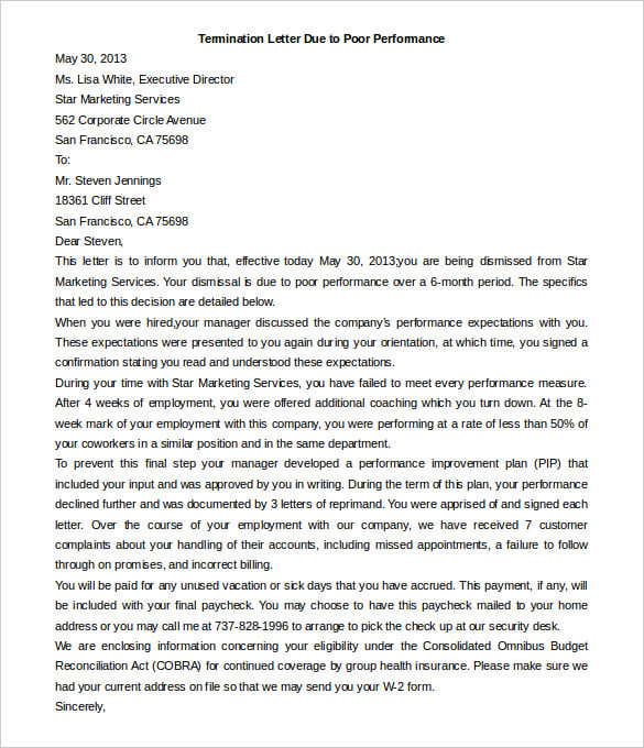 free contract termination letter due to poor performance