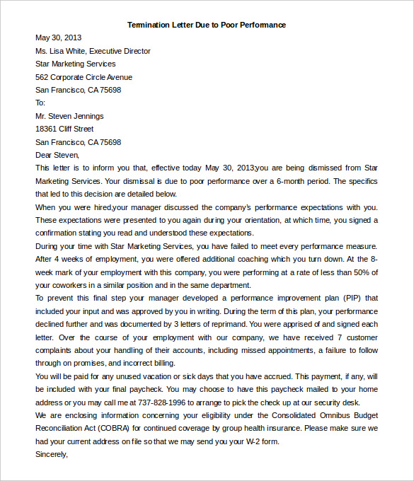 closing letter reprimand Contract Termination Templates DOC Letter 21   PDF,