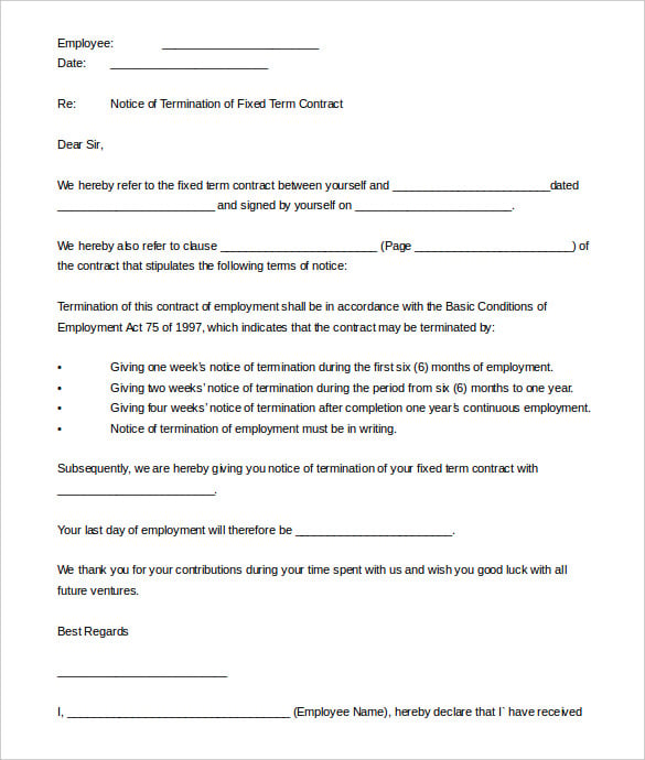 fixed term contract termination letter template printable
