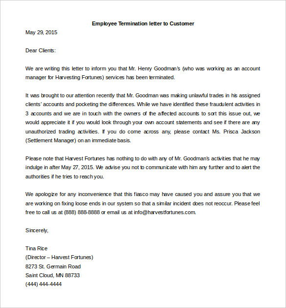 employee termination letter to customers word format