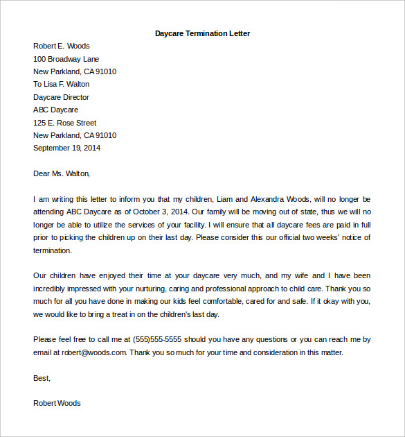 daycare employee termination letter template printable