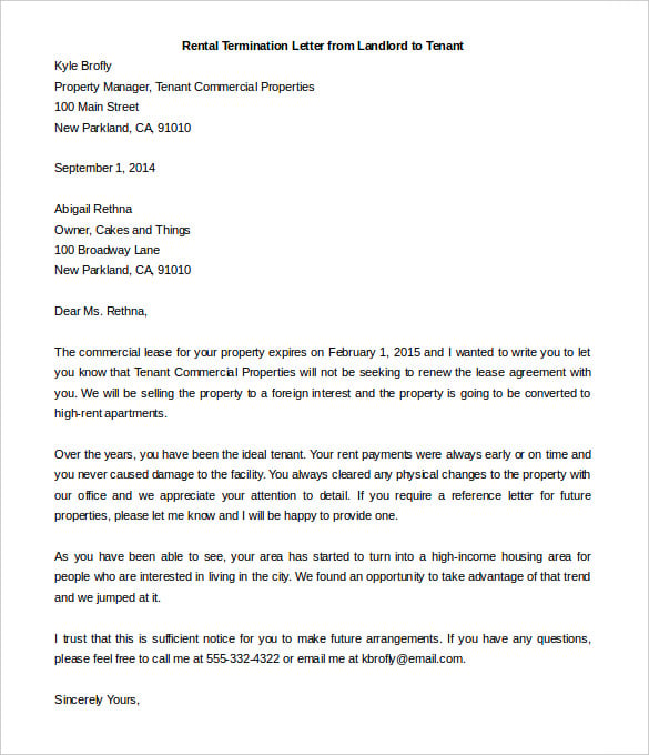 Sample Letter Of Termination Of Tenancy Agreement By Tenant