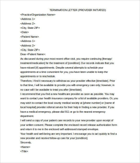download termination patient dismissal letter due to misconduct
