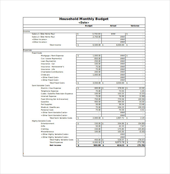 household monthly budget template excel