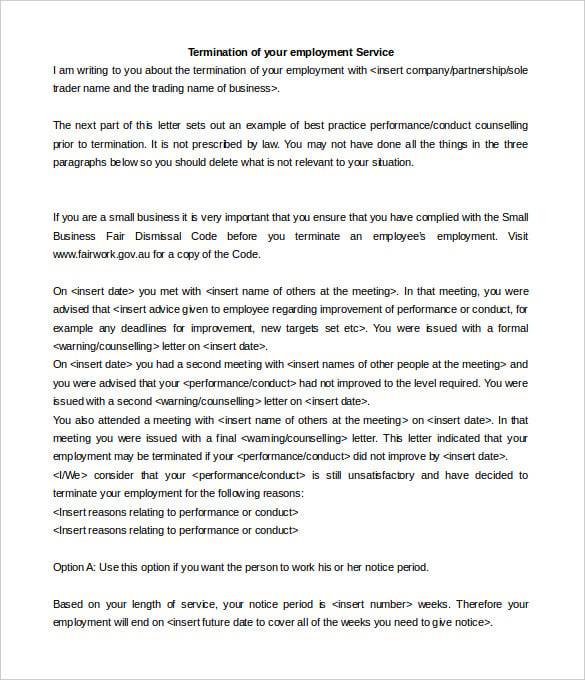 editable employment service termination letter template