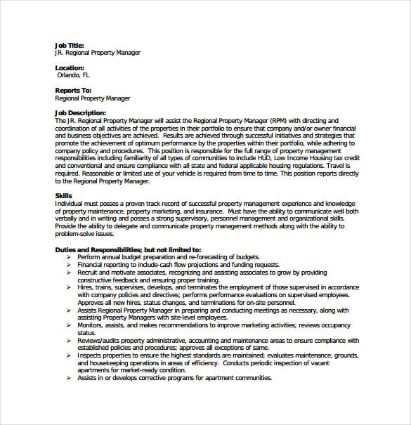 Assistant regional property manager job description