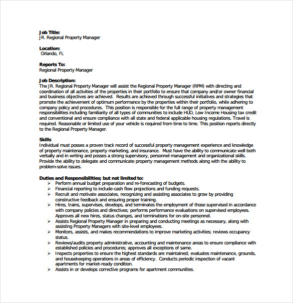 Property Manager Job Description Pdf