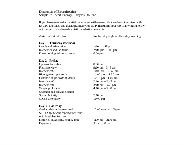 trip itinerary template for department of bioengineering