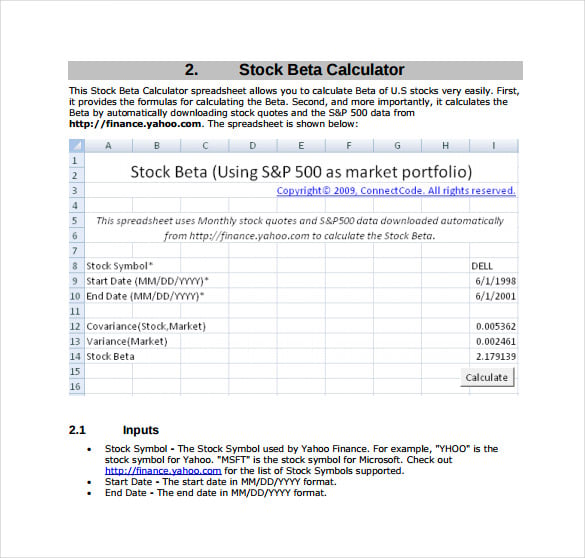 stock beta calculator spreadsheet free pdf template download